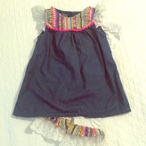 Girls denim with pattern and pom pom trim 2pc set